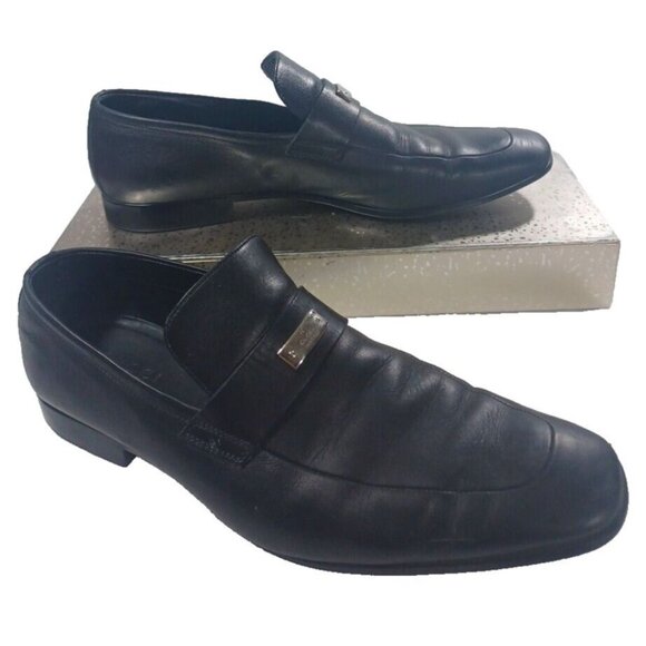 Men's Gucci Florence Black Leather Slip On Loafers Silver G Spell Out Logo - Picture 2 of 9